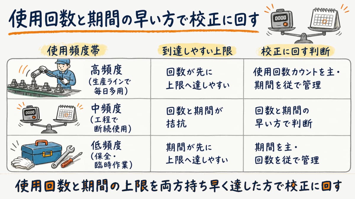 トルクレンチを使用回数と期間の早い方で校正に回す周期管理の考え方を示した早見表の図解
