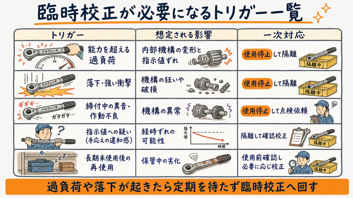 過負荷・落下・異音など臨時校正が必要になるトリガーと一次対応をまとめた一覧図解