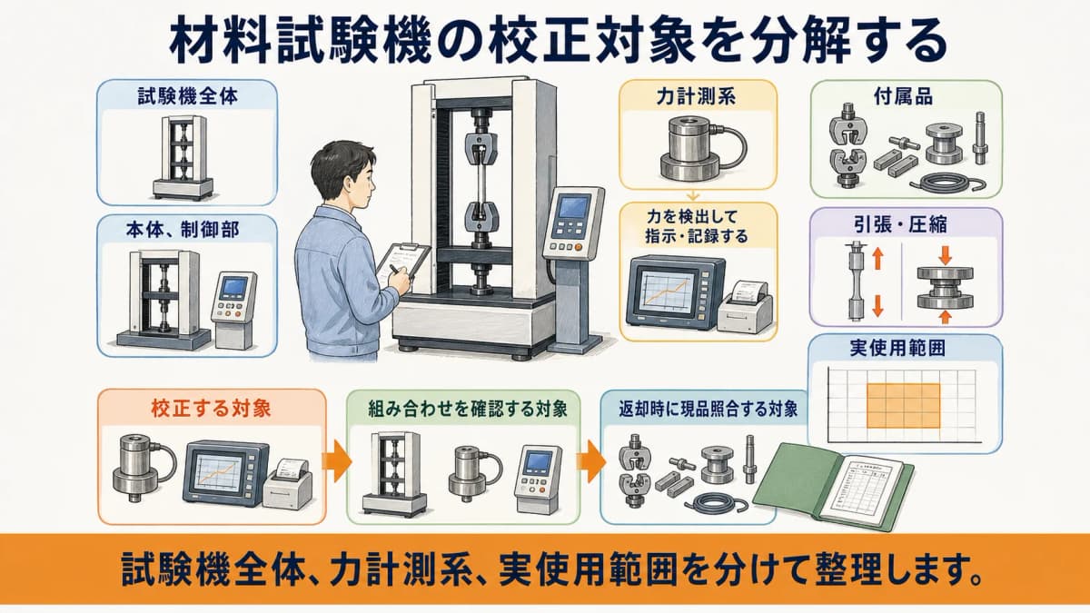 引張試験機・材料試験機の試験機全体と力計測系を分ける図解