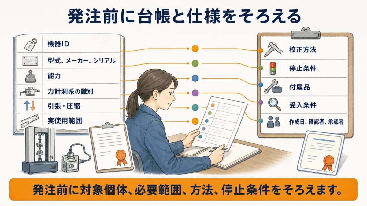材料試験機の機器ID・使用範囲・校正方法・停止条件を発注前にそろえる図解