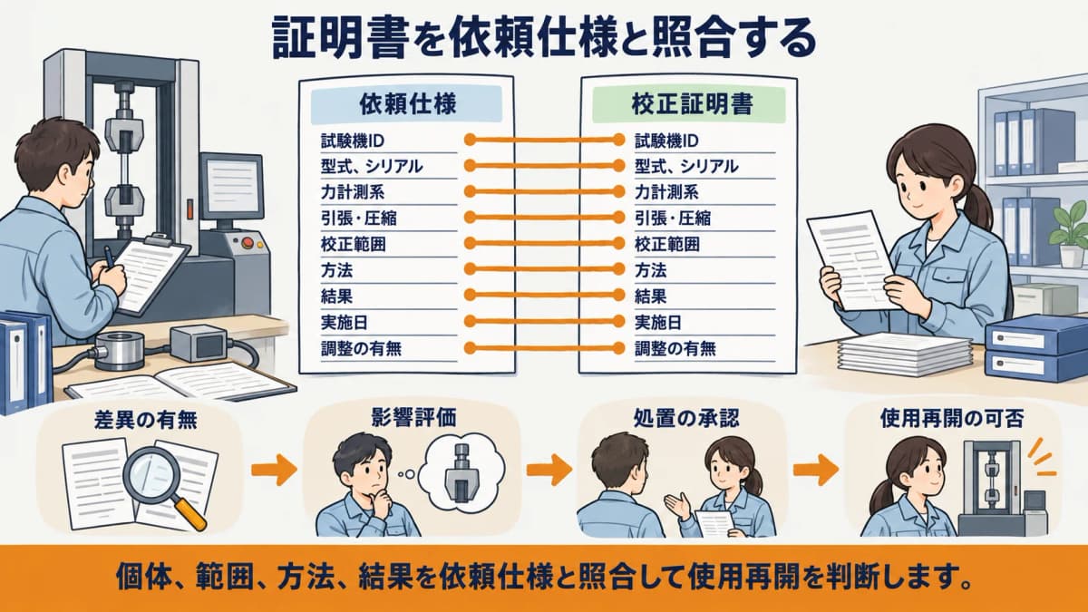 材料試験機の校正証明書を個体・範囲・方法・結果で依頼仕様と照合する図解