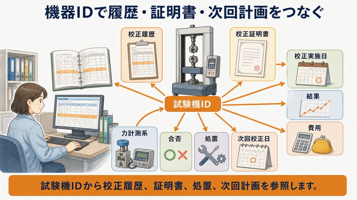 材料試験機の校正履歴・証明書・次回計画を台帳でつなぐ図解