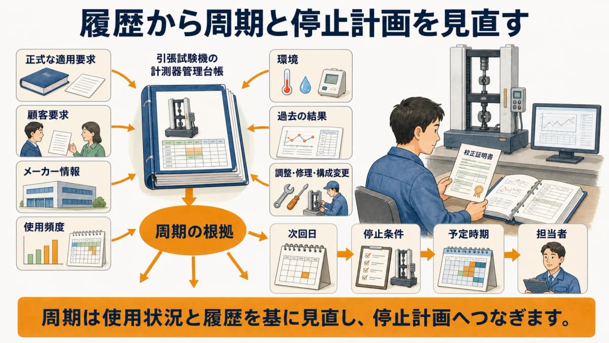 材料試験機の履歴から周期根拠・停止条件・次回日を見直す図解