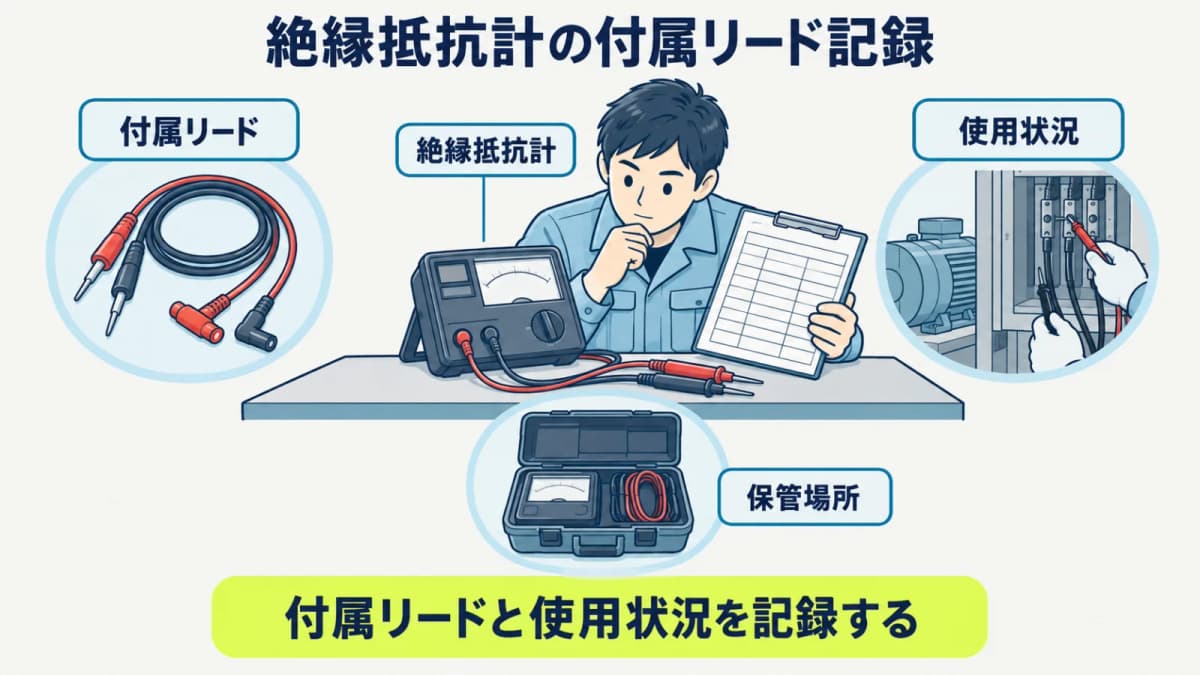 絶縁抵抗計の付属リードと使用状況を記録する