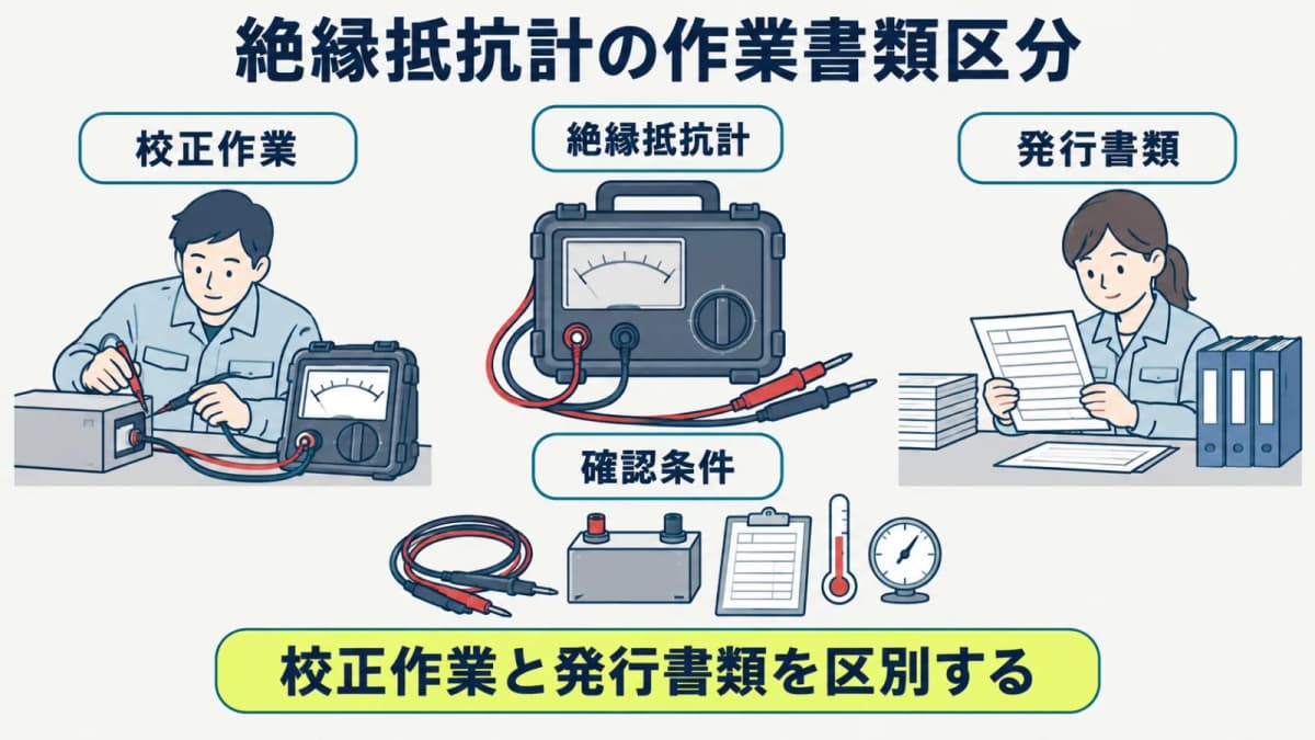 絶縁抵抗計の校正作業と発行書類を分けて比較する