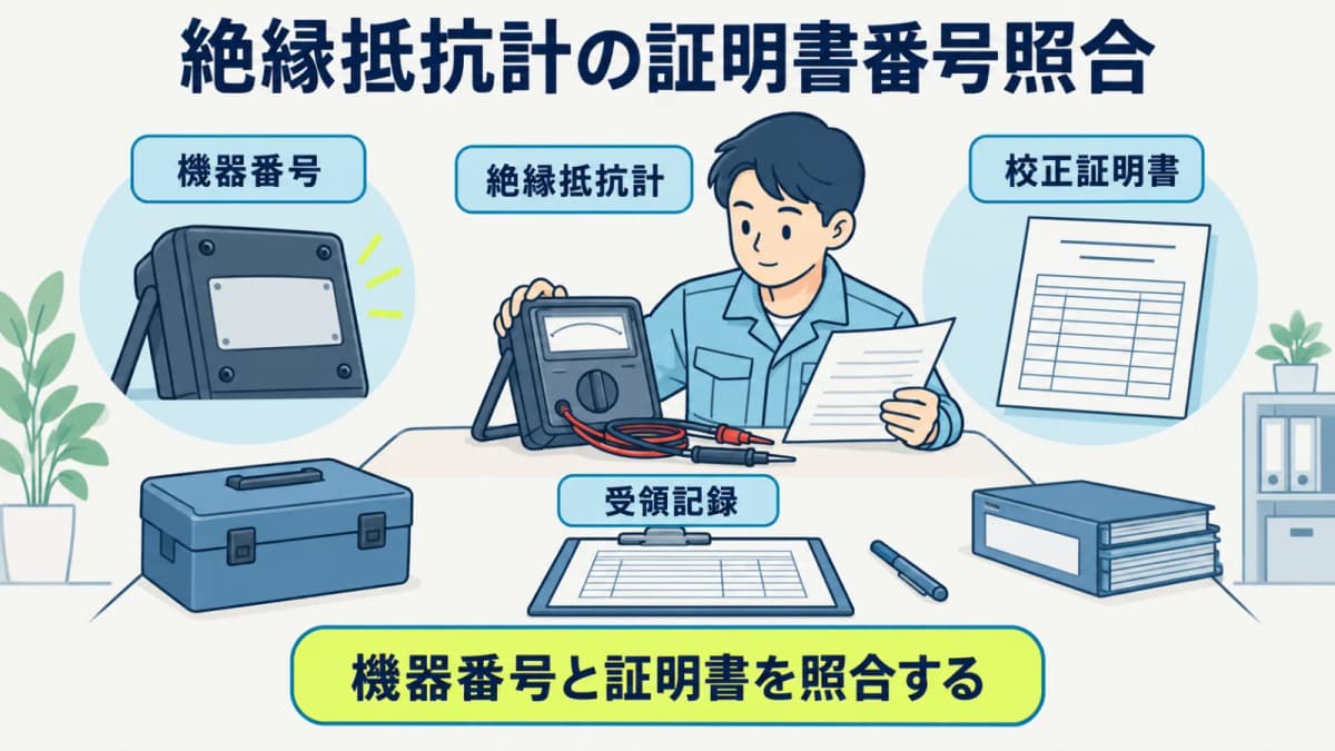 絶縁抵抗計の機器番号と校正証明書を照合する